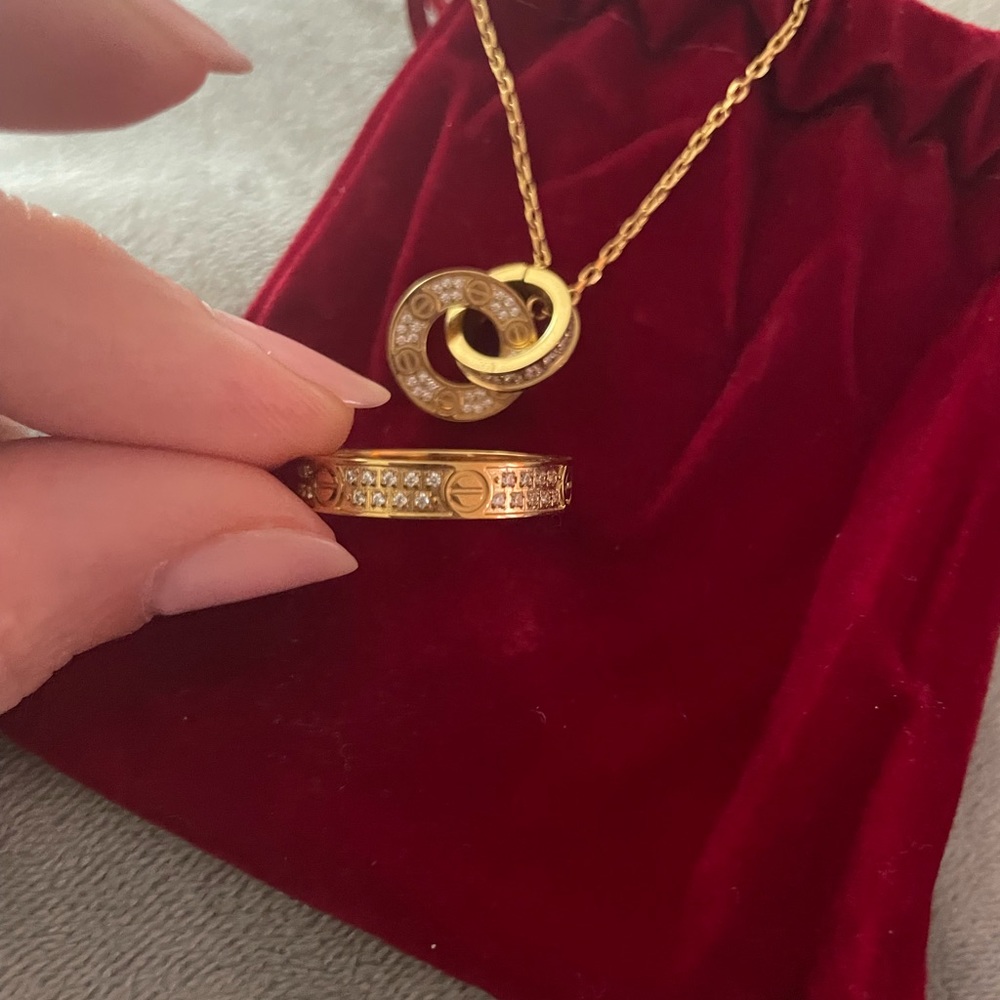 Stainless steel and cz necklace and ring set.